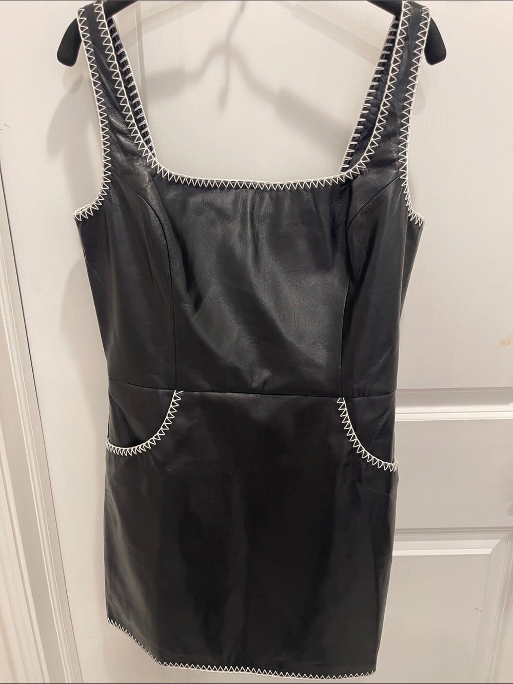 Amanda Uprichard Black Faux Leather Mini Dress with White Stitch Trim